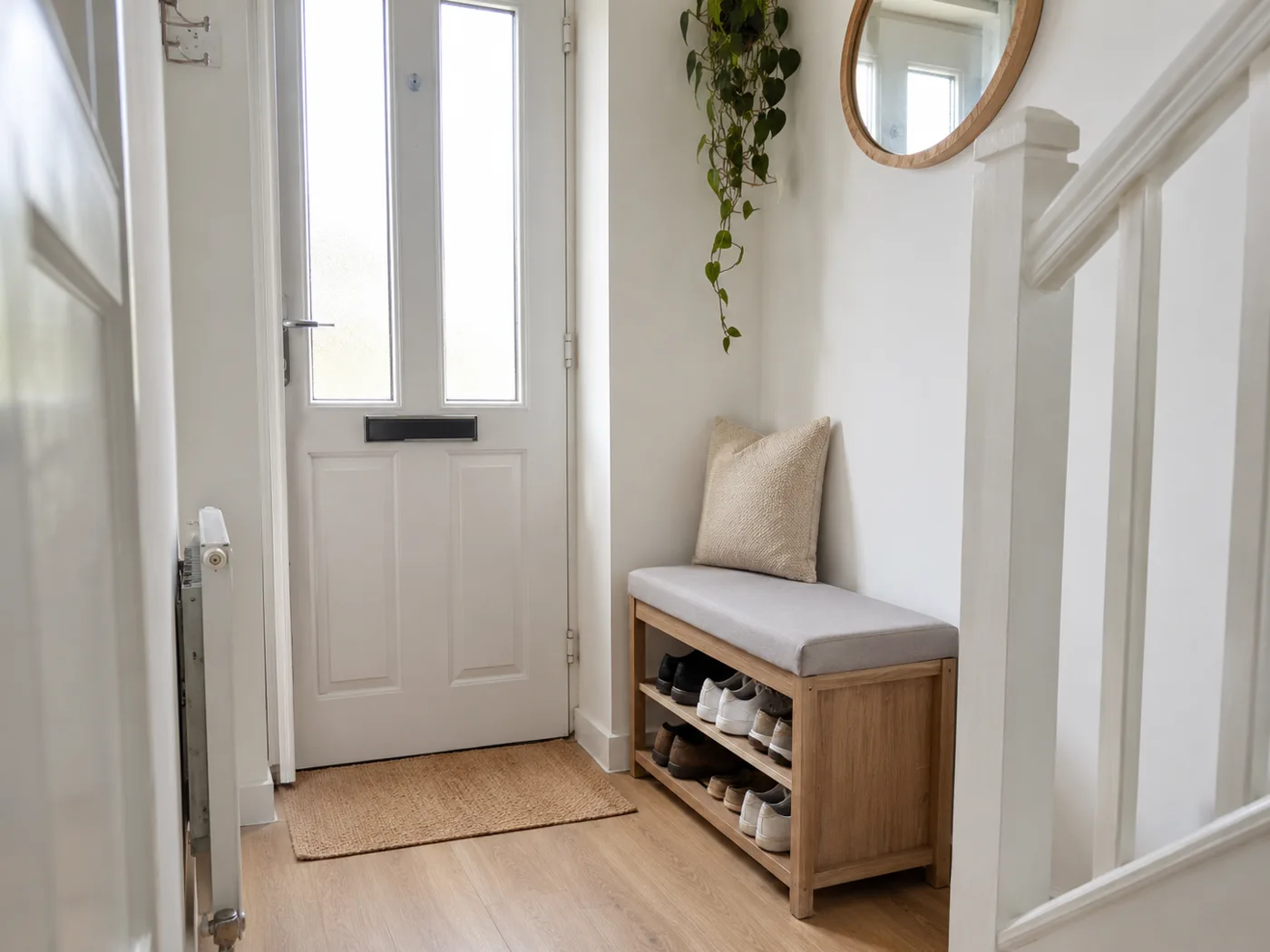 Small hallway bench with shoe storage underneath beside front door