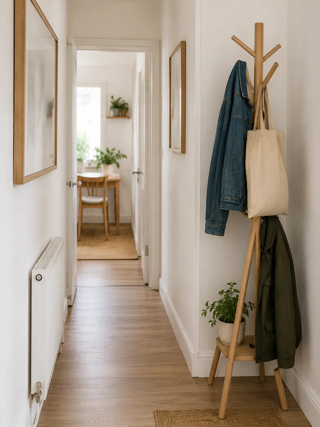 Freestanding coat rack with jackets in hallway