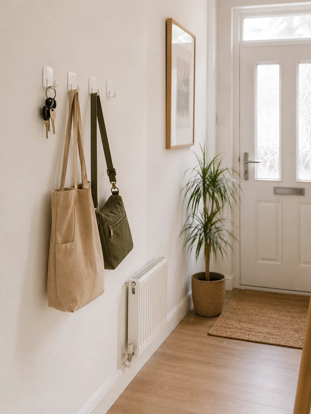 Adhesive hooks on hallway wall with bags hanging