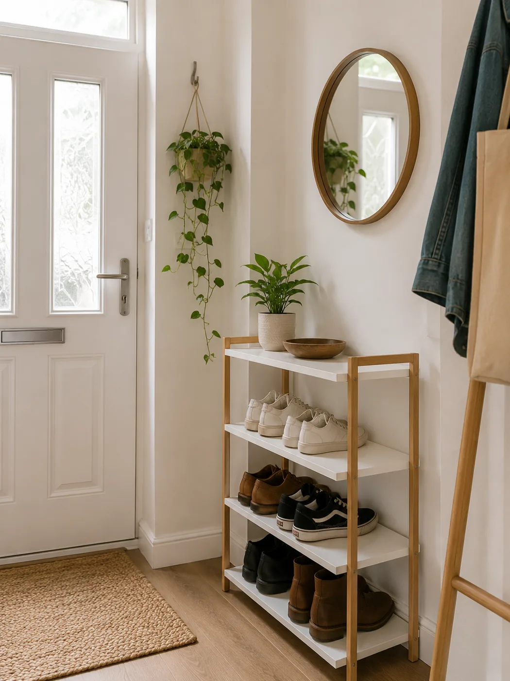 Hallway shoe rack with mirror and plants beside door