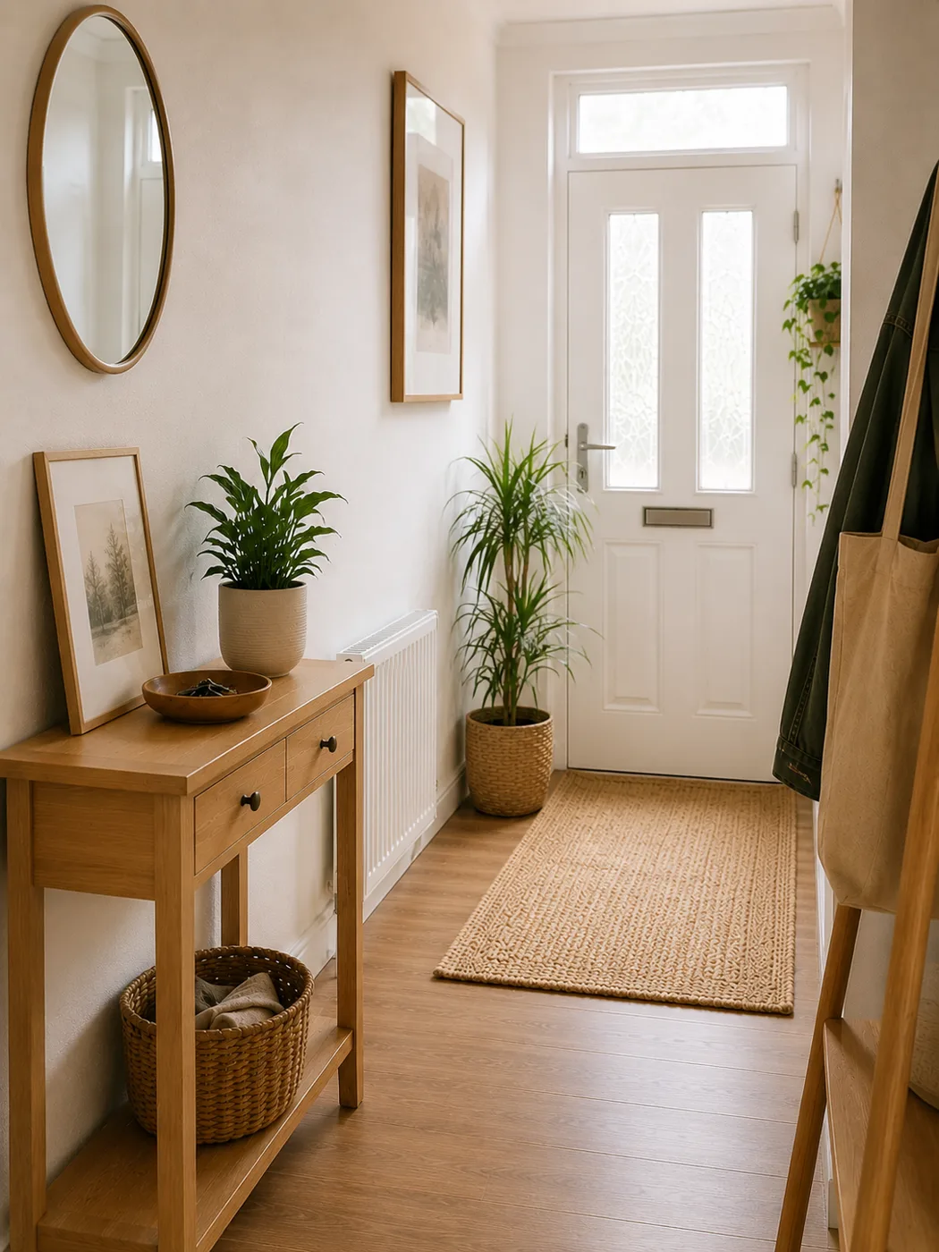 Console table with plant and wicker basket in hallway