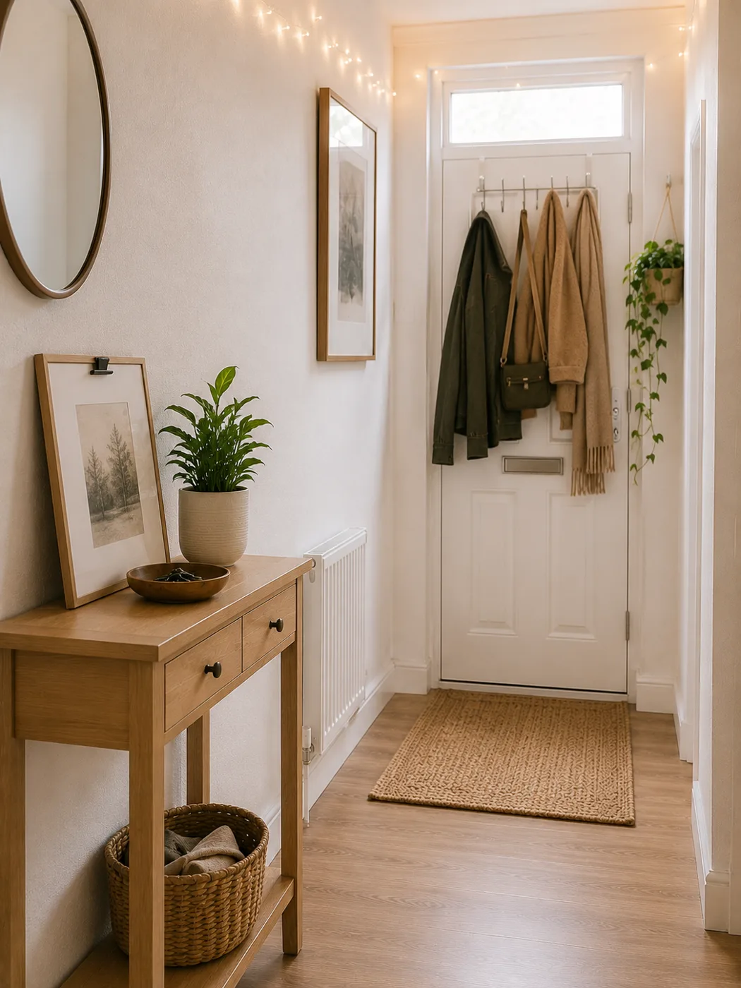 Hallway with console table coat hooks and round mirror