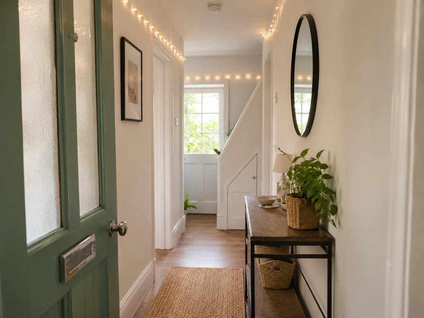 Hallway with warm fairy lights along wall and round mirror