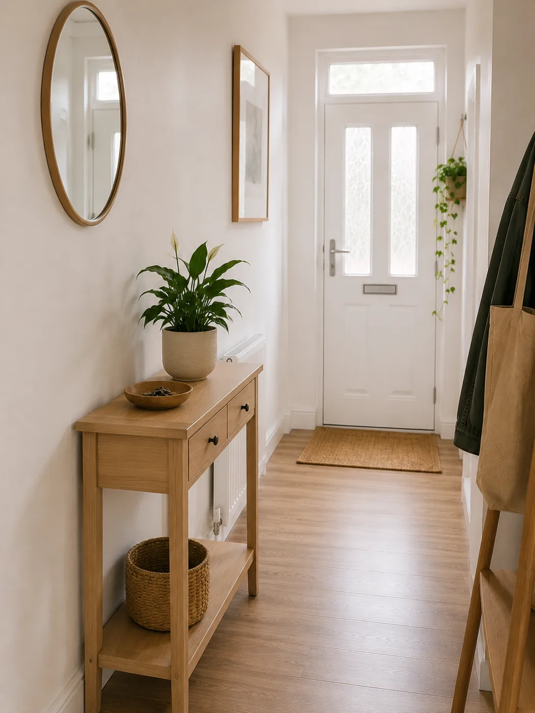 Console table with single plant beside front door in hallway