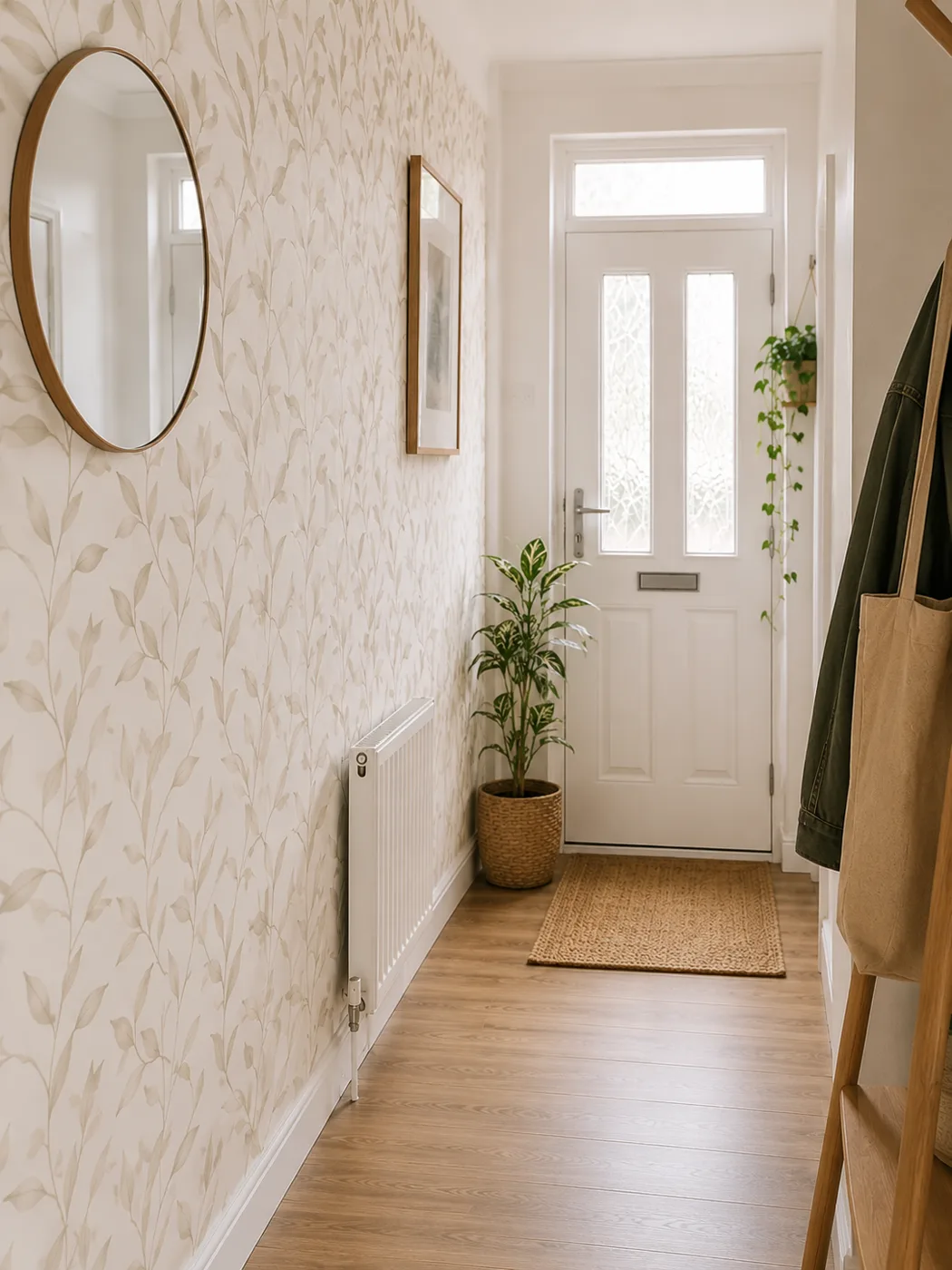 Hallway with peel and stick wallpaper on one wall
