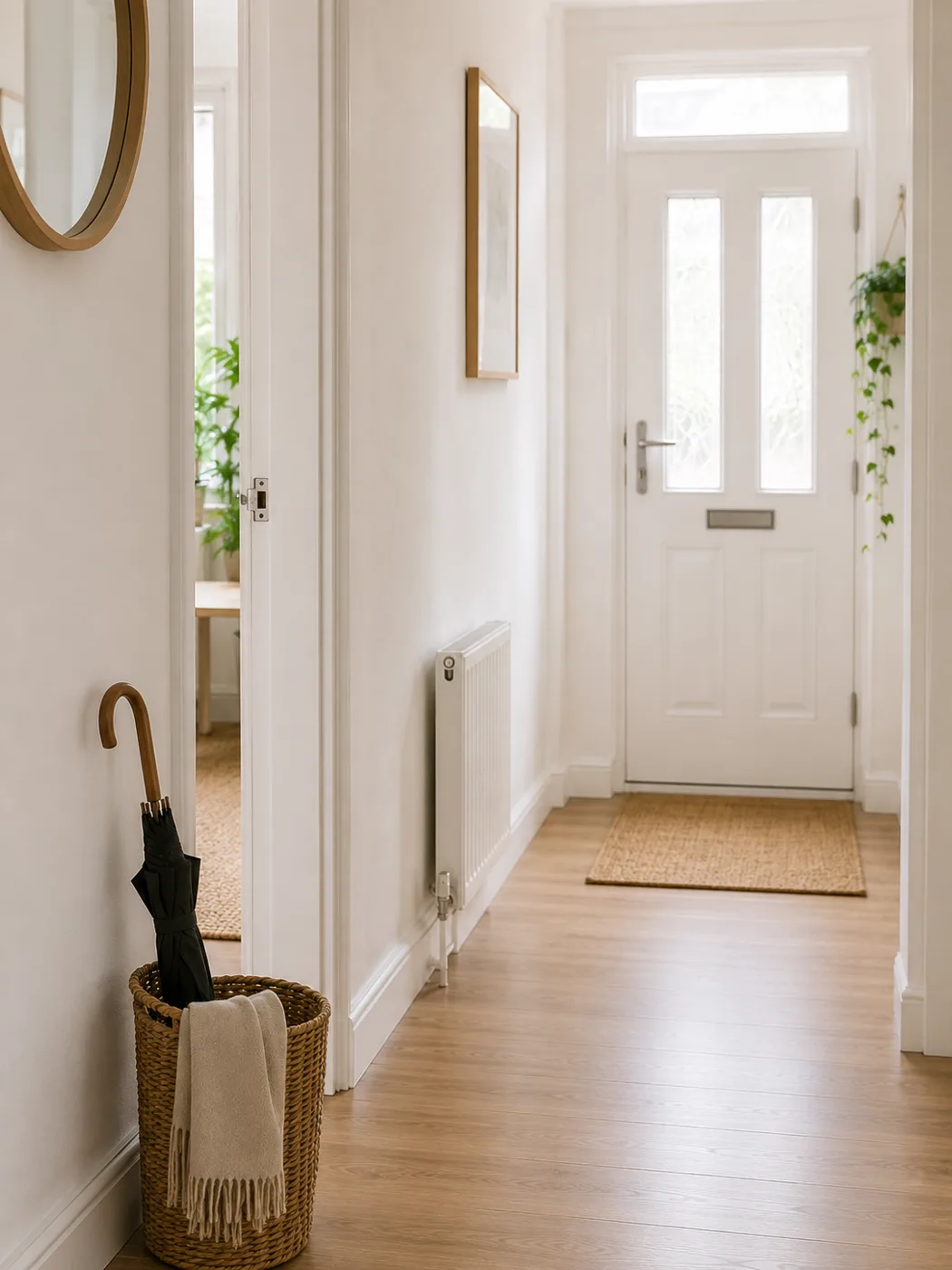Minimal hallway with umbrella stand and jute doormat