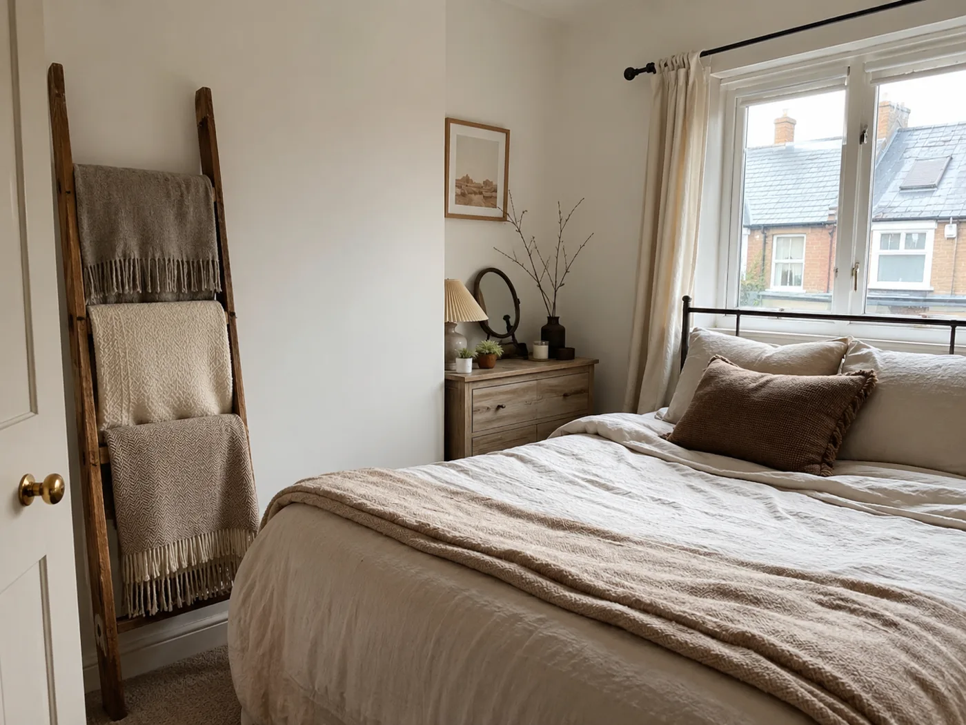 Wooden ladder beside bed used for blanket storage