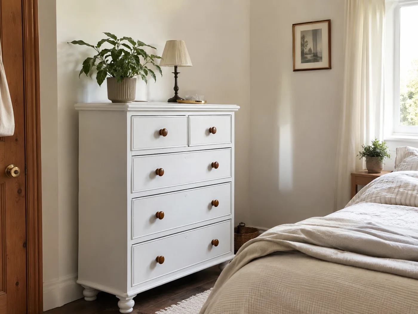 White chest of drawers with plant and lamp beside bed