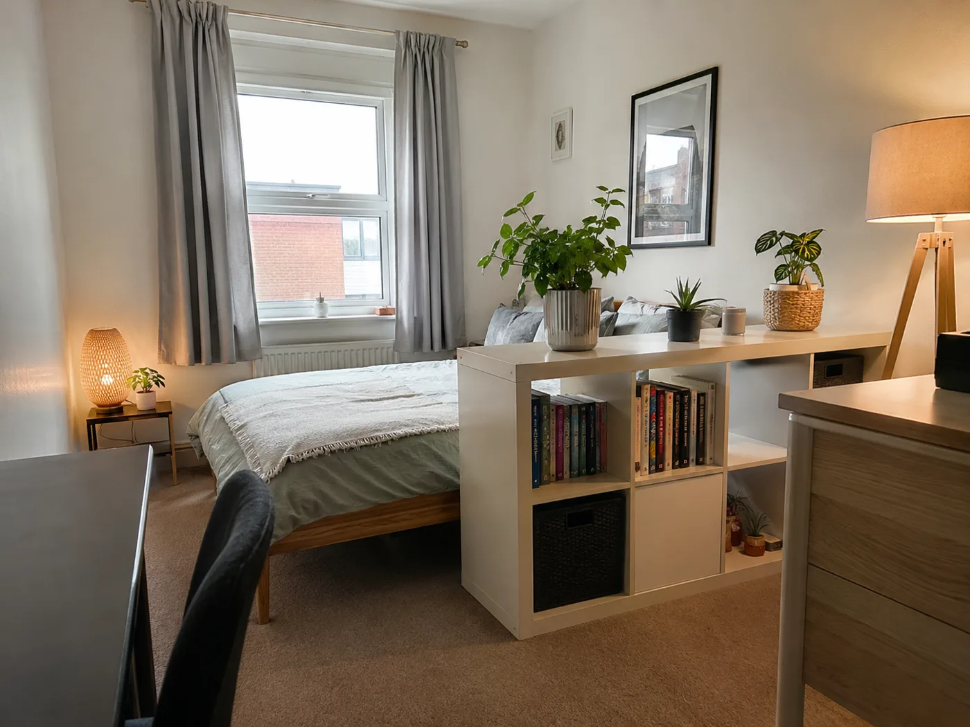 IKEA Kallax shelving used as room divider with plants and books