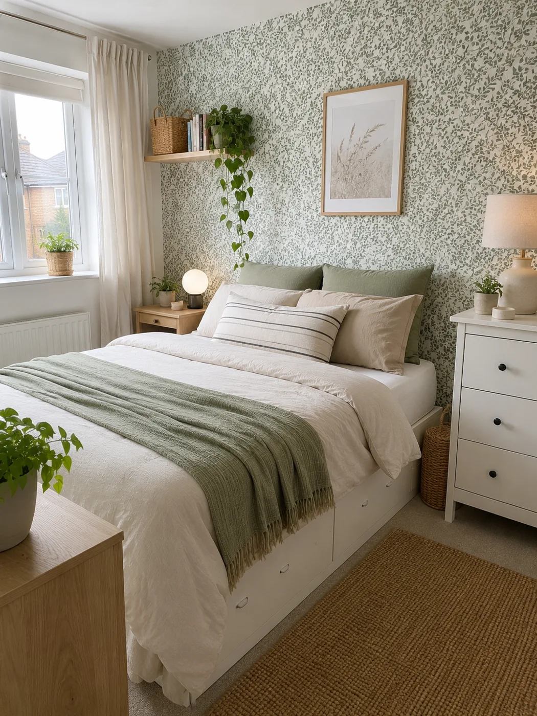 Small bedroom with botanical peel-and-stick wallpaper on one wall