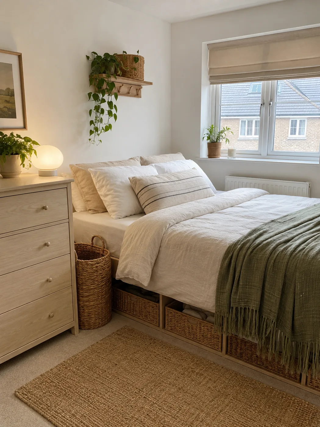 Jute rug on bedroom floor with wicker baskets and green bedding