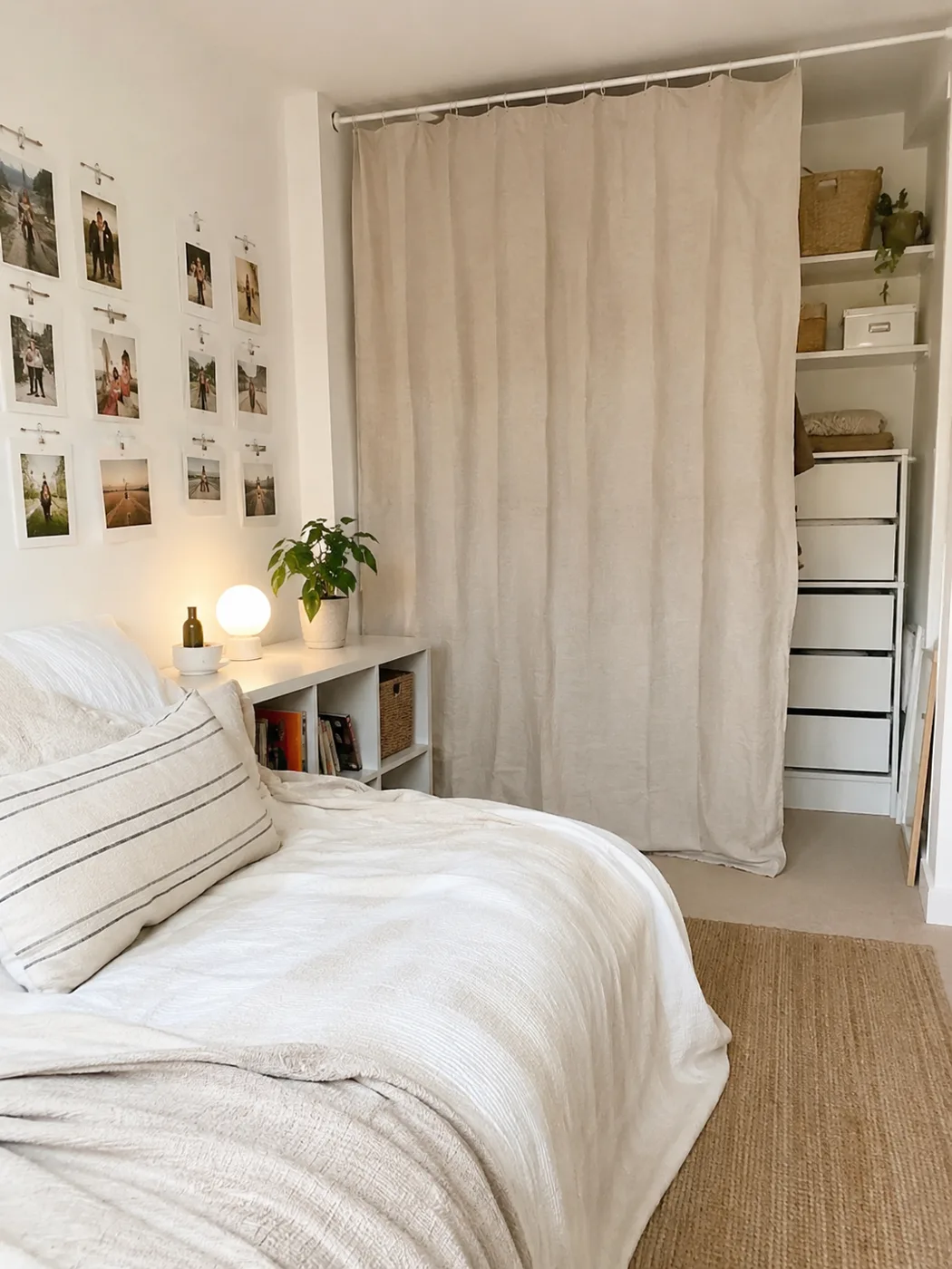 Tension rod with linen curtain dividing sleeping area in bedroom
