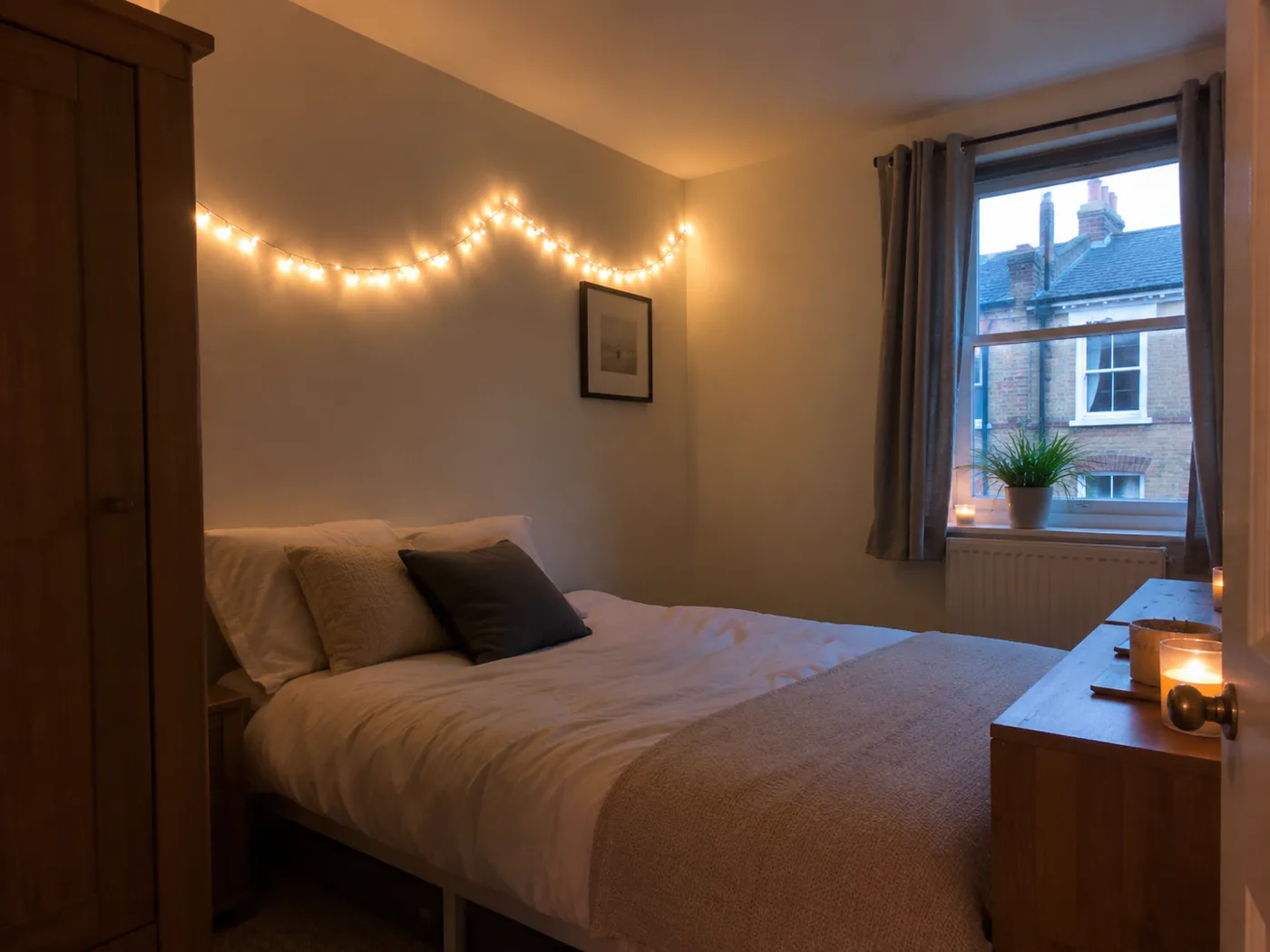 Fairy lights along wall above bed giving warm glow