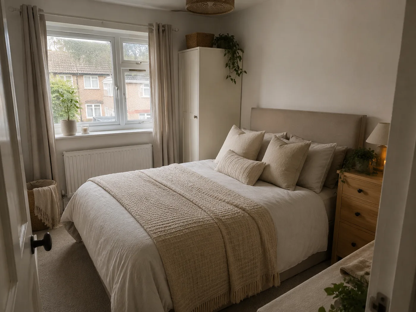 Neutral bedroom with layered bedding and natural textures