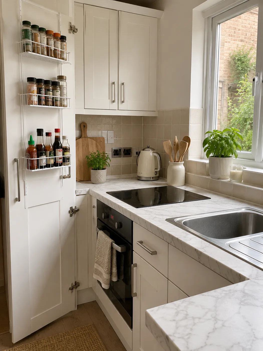 Over-door spice organiser on kitchen cupboard door with spices