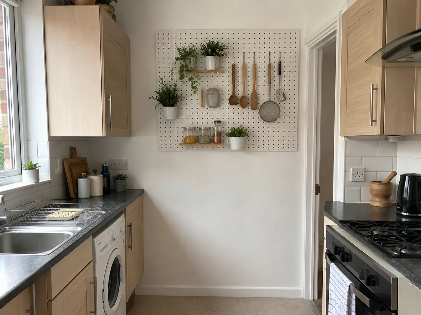 Kitchen pegboard on wall with hanging utensils and small plants