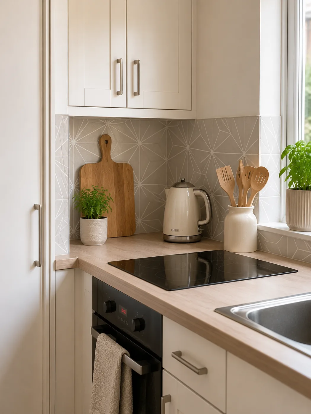 Magnetic knife strip on kitchen wall beside hob