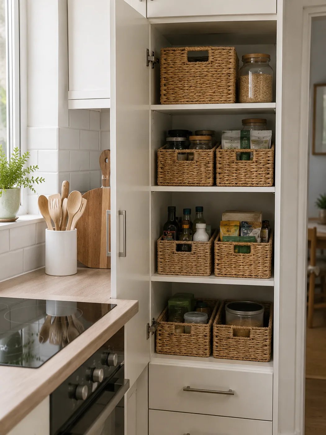 Wicker baskets inside open kitchen cupboard for organised storage