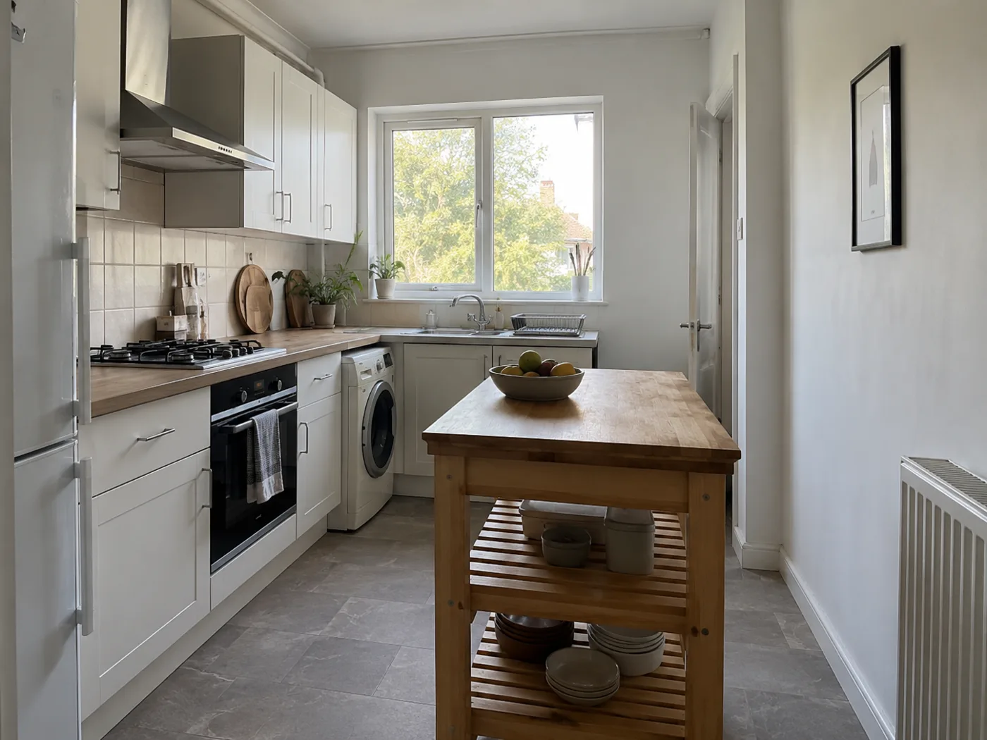 Freestanding butcher block kitchen island in small rental kitchen