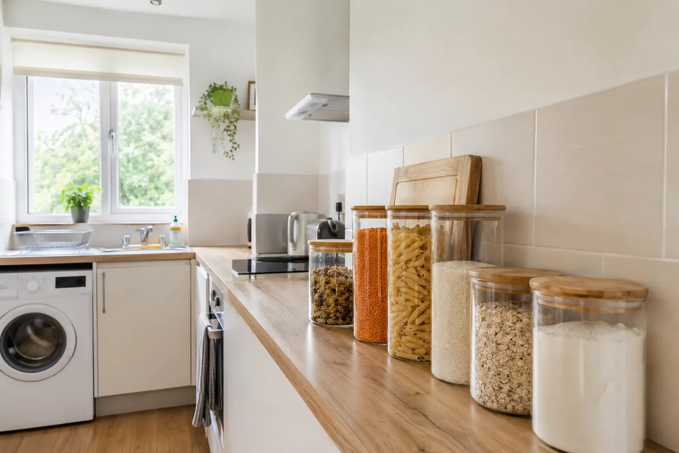 Matching glass storage jars with dry goods on kitchen counter