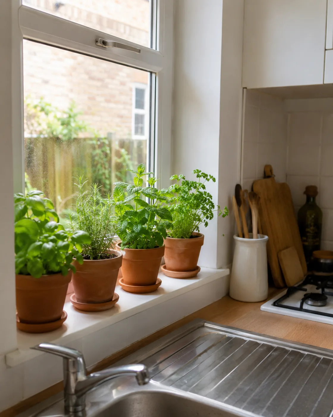 Kitchen windowsill herb garden with terracotta pots and fresh herbs