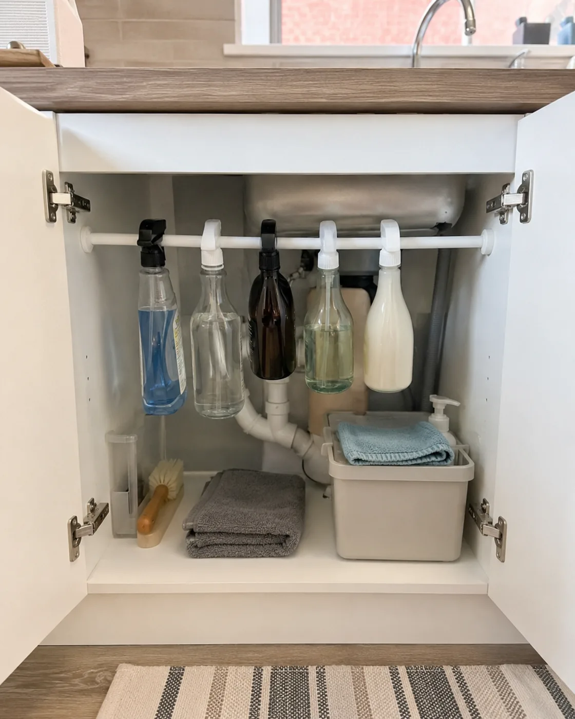 Tension rod under kitchen sink with hanging cleaning spray bottles