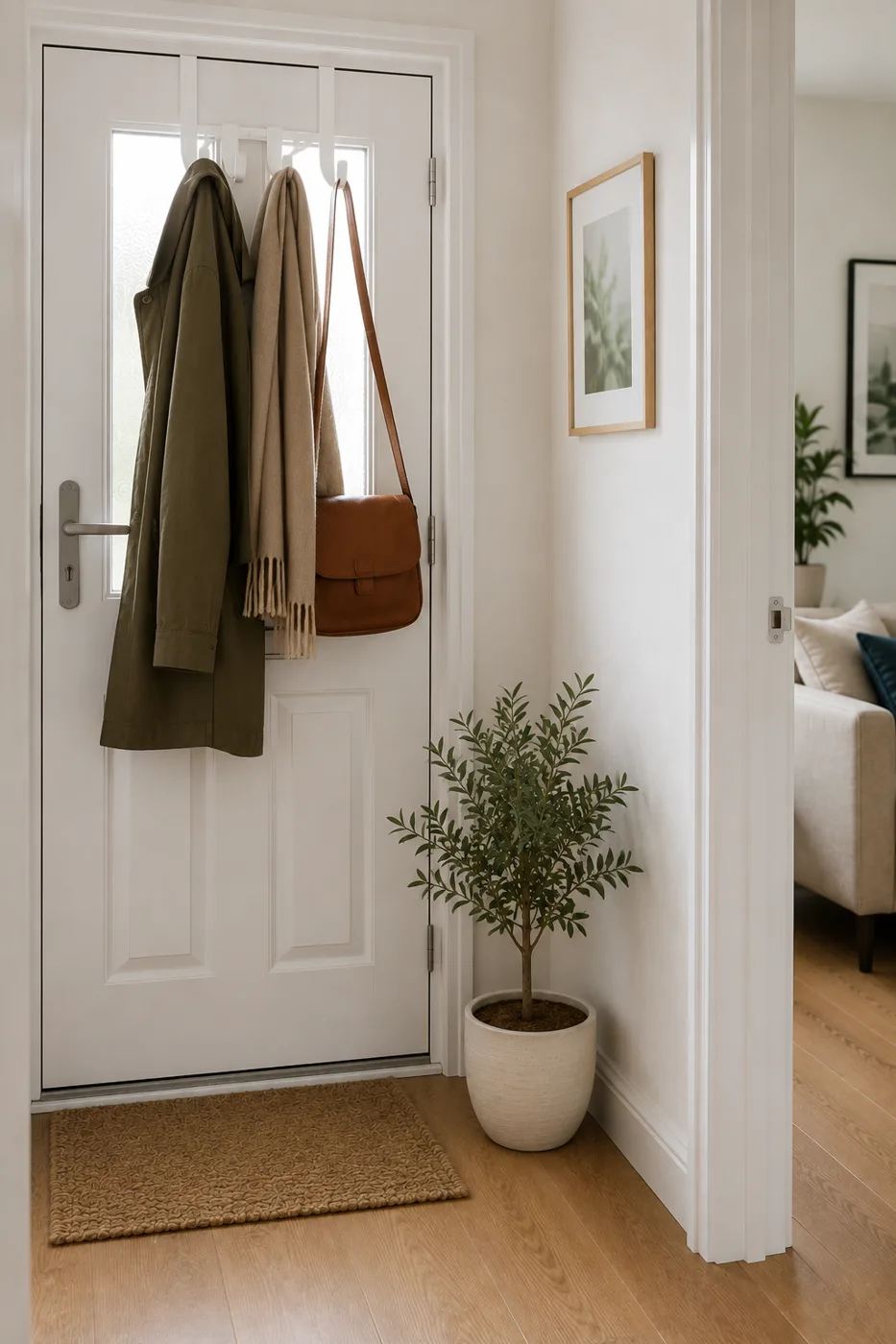 Adhesive hooks on hallway wall with coat and bag hanging