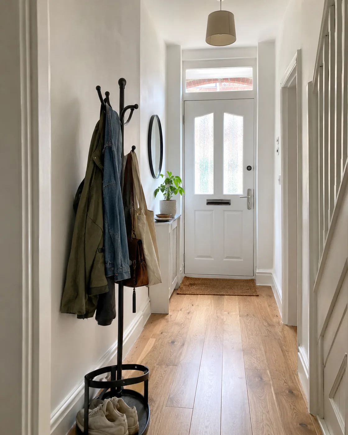 Freestanding coat rack with jackets in hallway