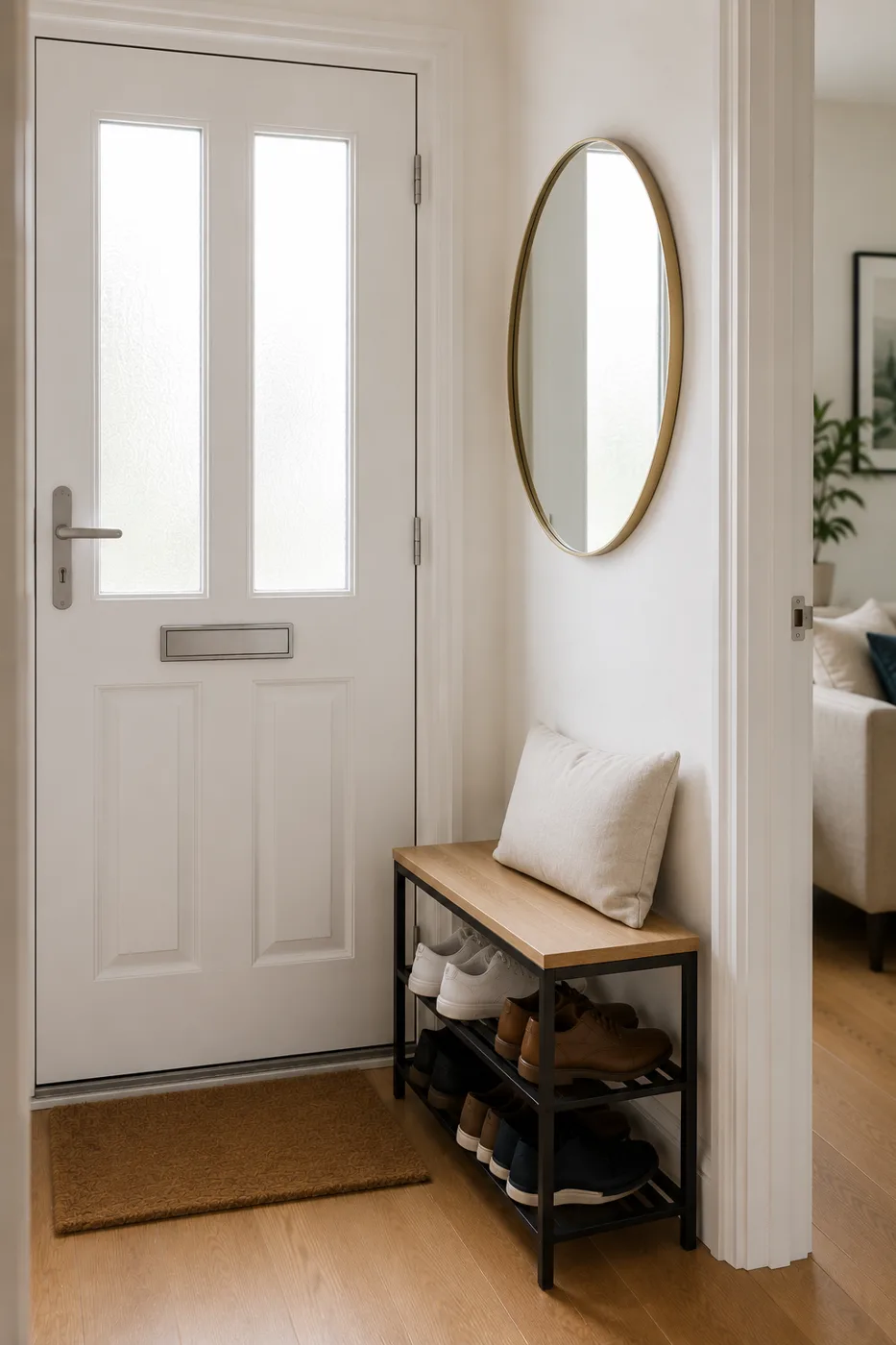 Small hallway bench with shoe storage underneath beside front door