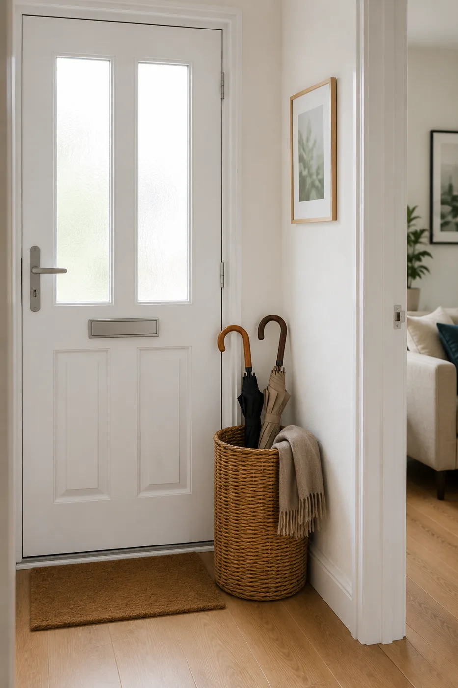Wicker basket beside front door with umbrella and scarves