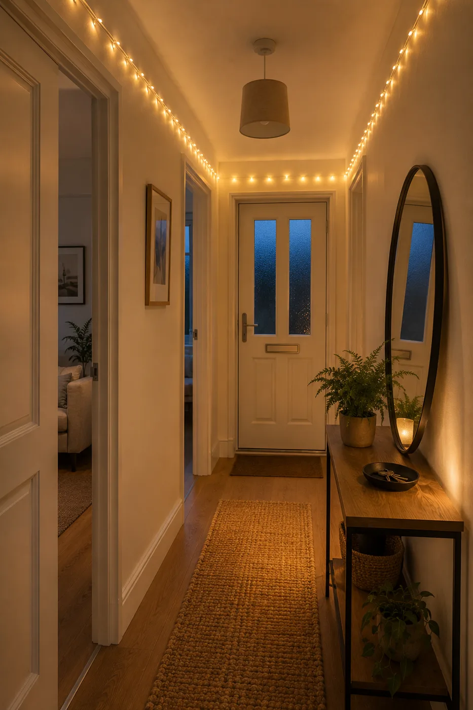 Hallway with warm fairy lights along ceiling edge at dusk
