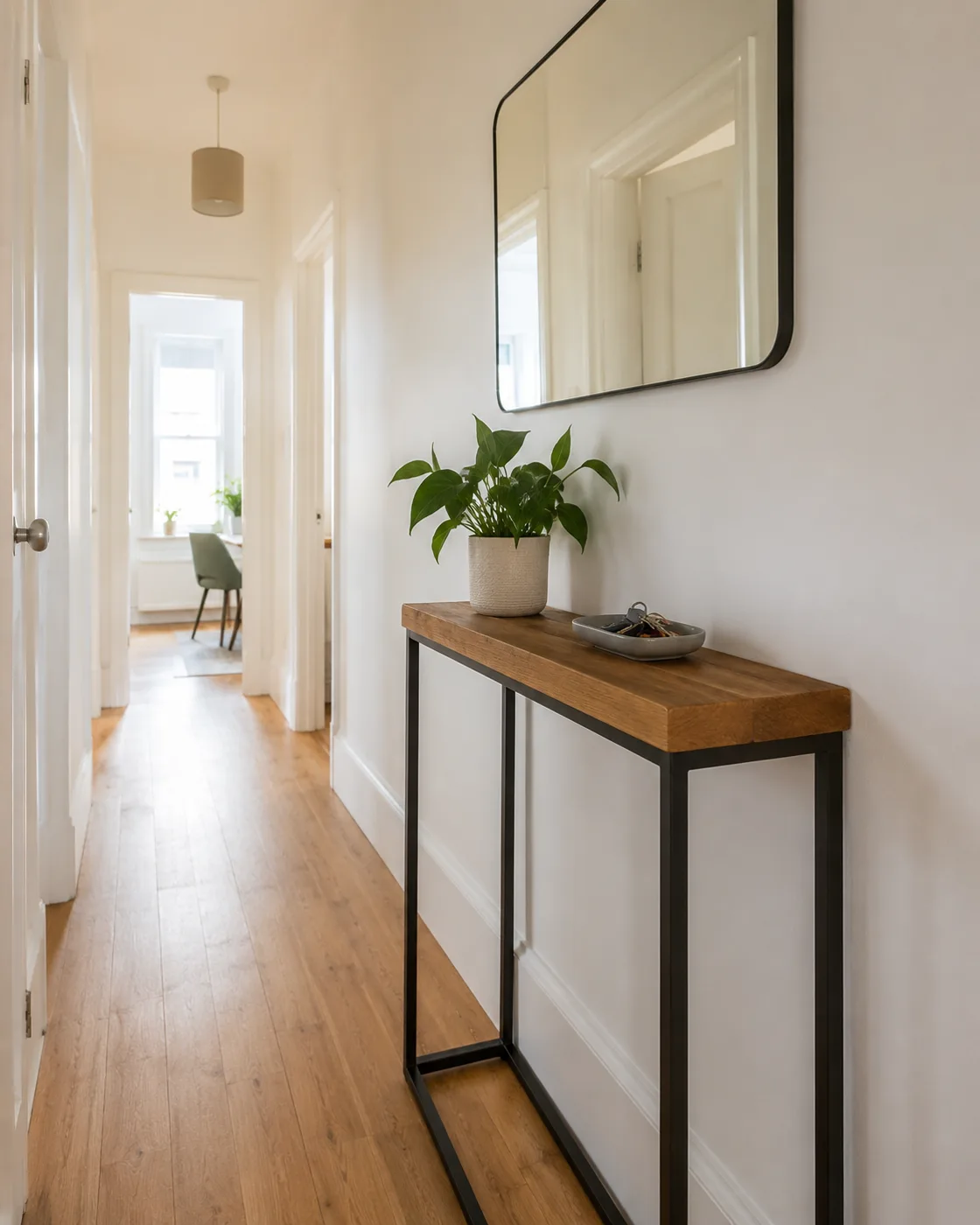 Narrow console table with mirror above in bright hallway