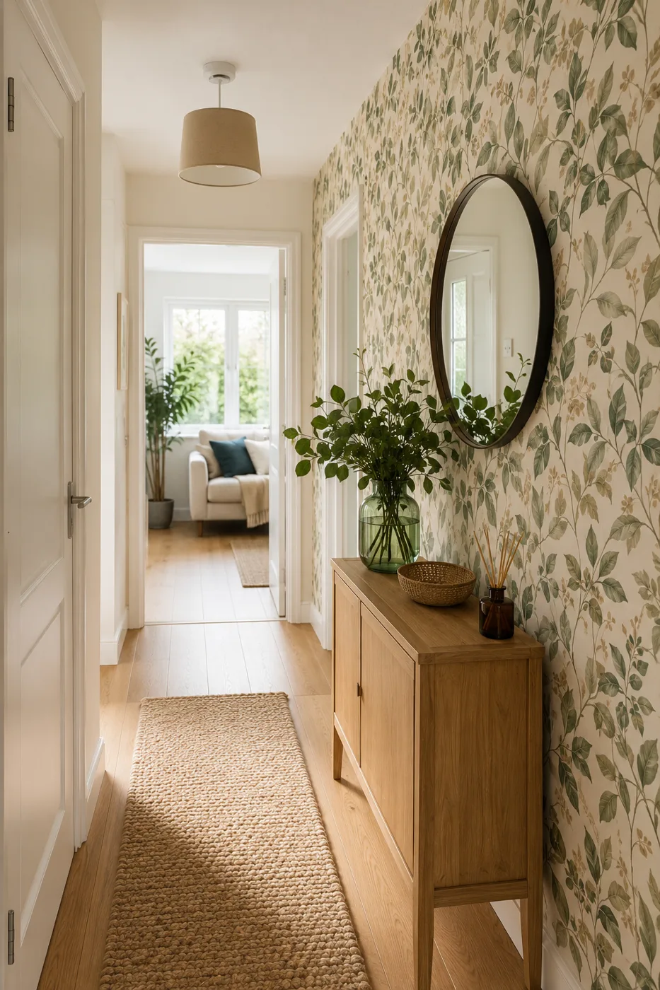 Hallway with peel and stick botanical wallpaper on one wall