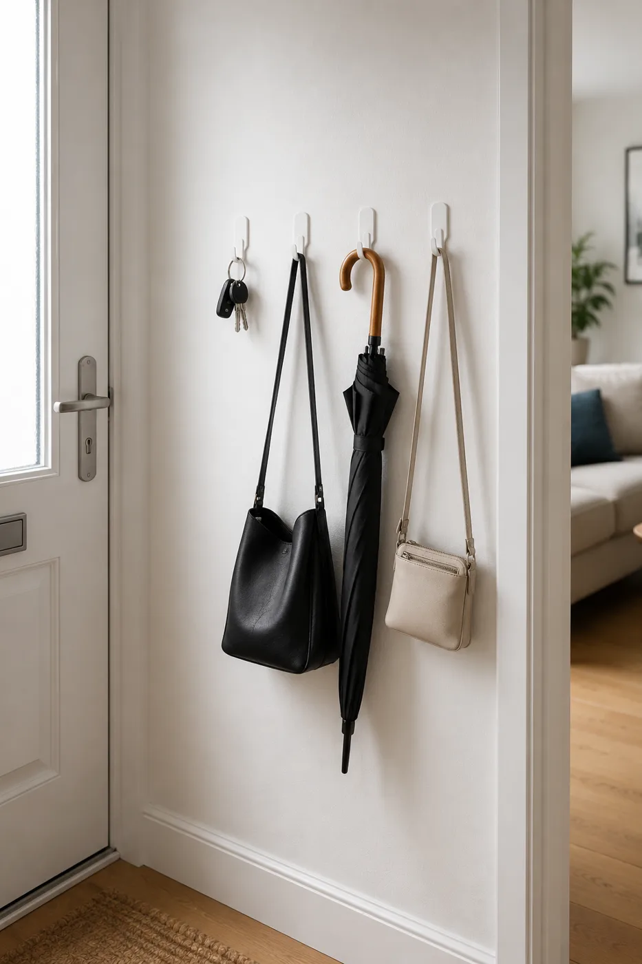 Adhesive hooks on white hallway wall with bags hanging