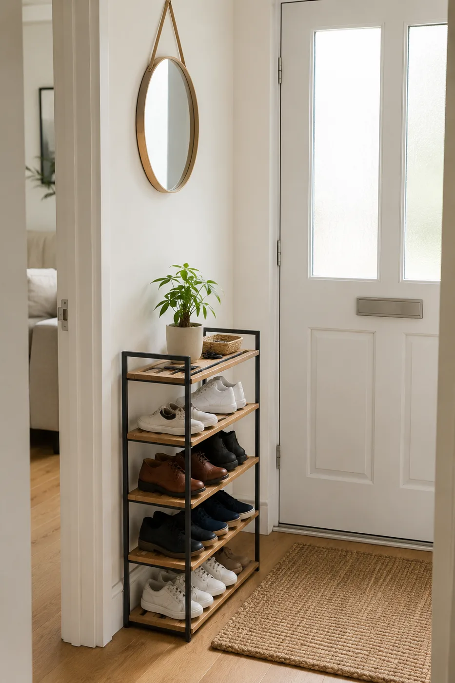 Freestanding shoe rack beside front door in hallway