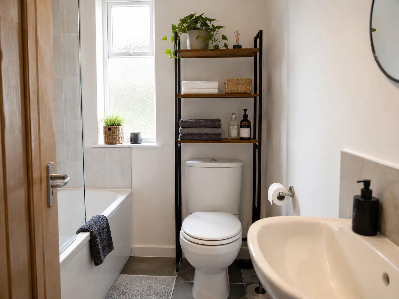 Freestanding over-toilet shelf unit with towels and toiletries