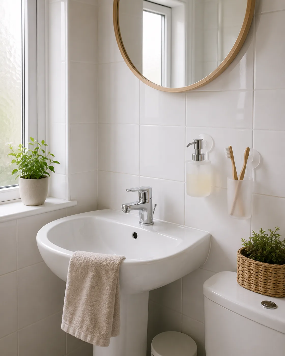 Round mirror above bathroom sink with plants and minimal styling