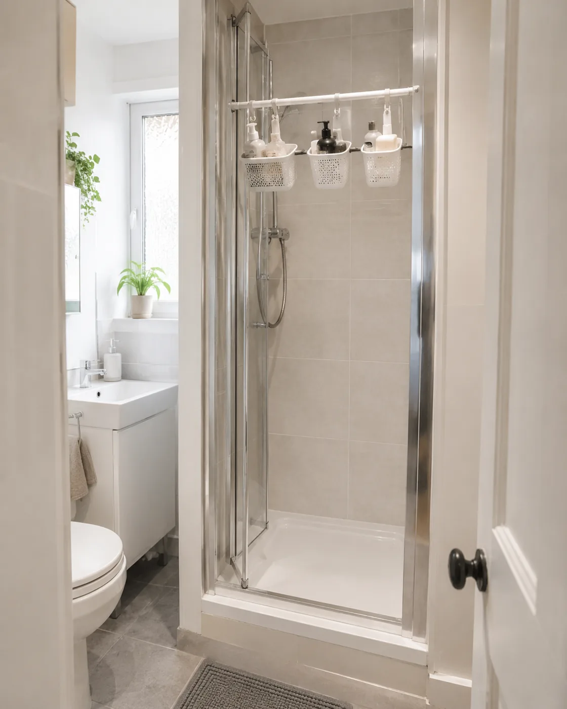 Tension rod with hanging baskets inside shower cubicle