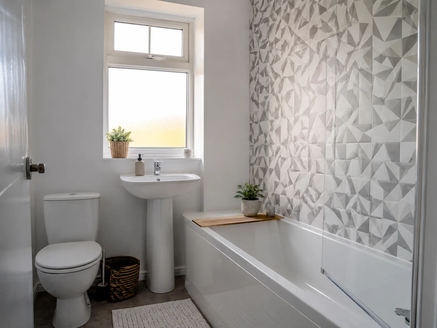 Peel and stick geometric tiles on bathroom wall