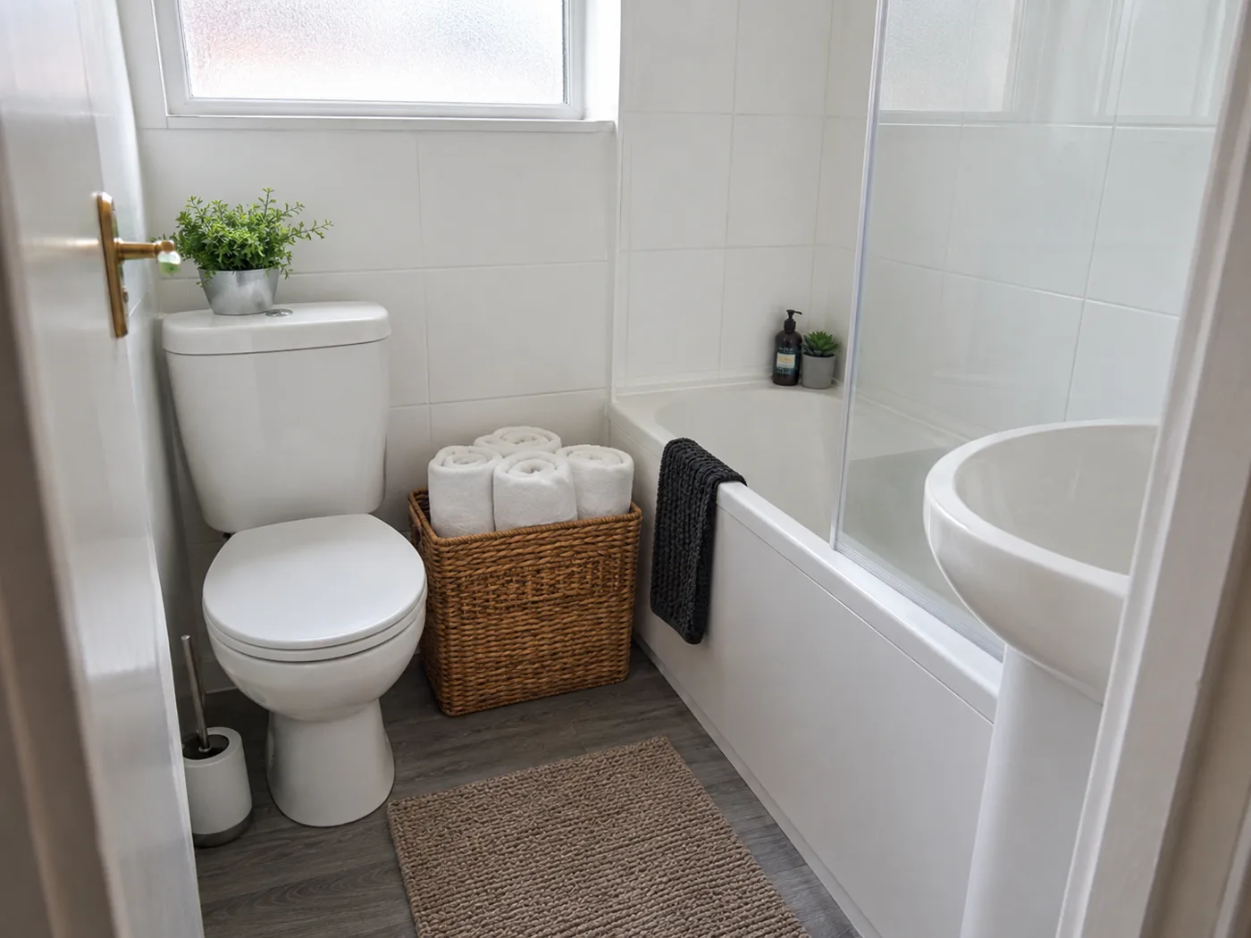 Wicker basket beside bathtub with rolled white towels