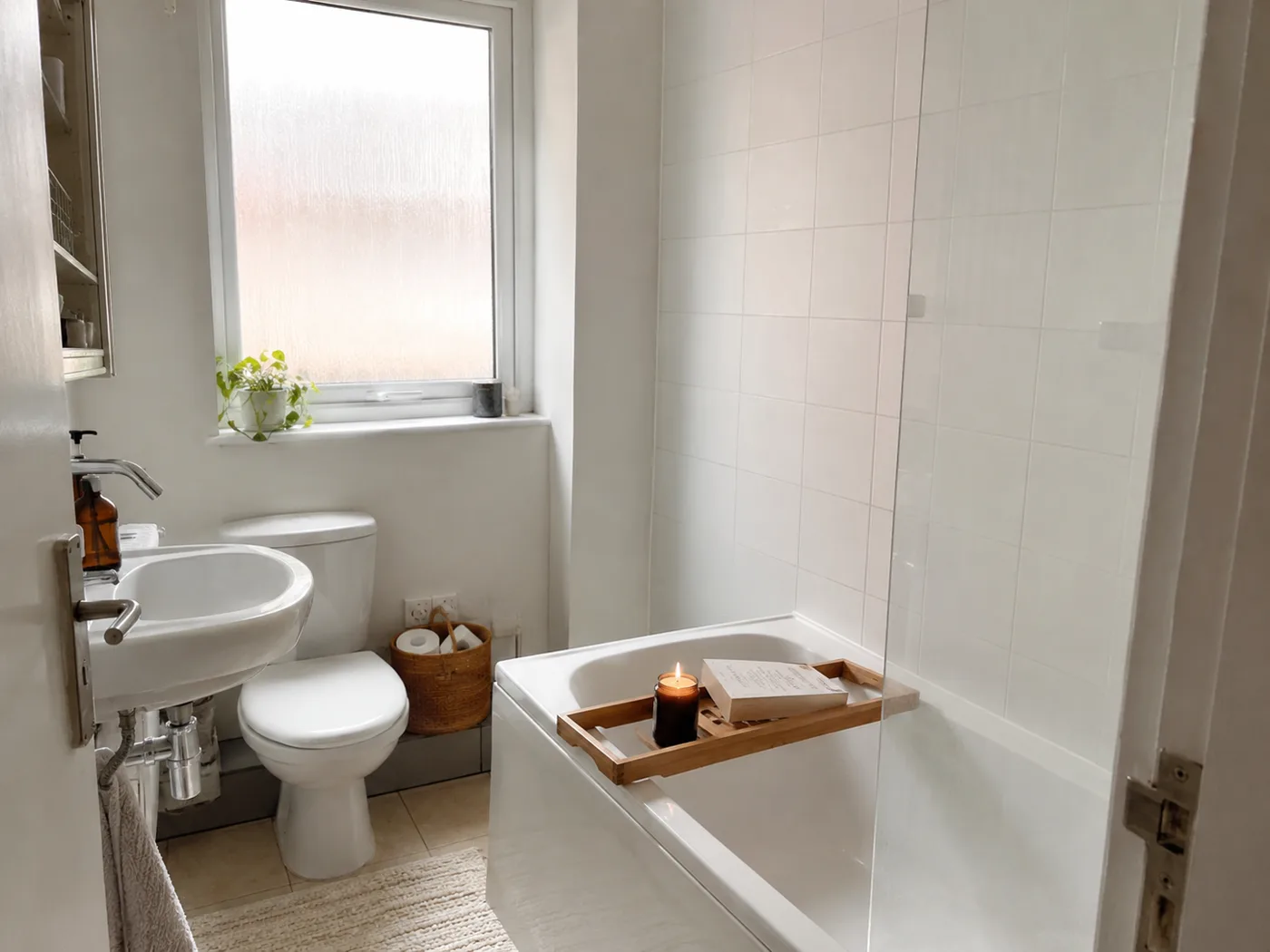Wooden bath caddy across bathtub with candle and accessories