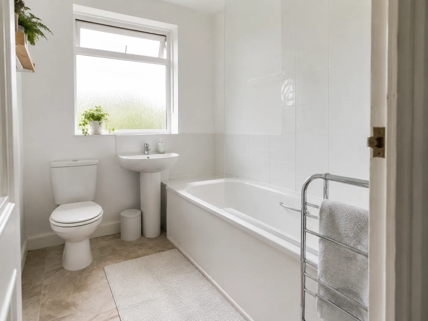 Freestanding chrome towel rail beside bathtub with plants