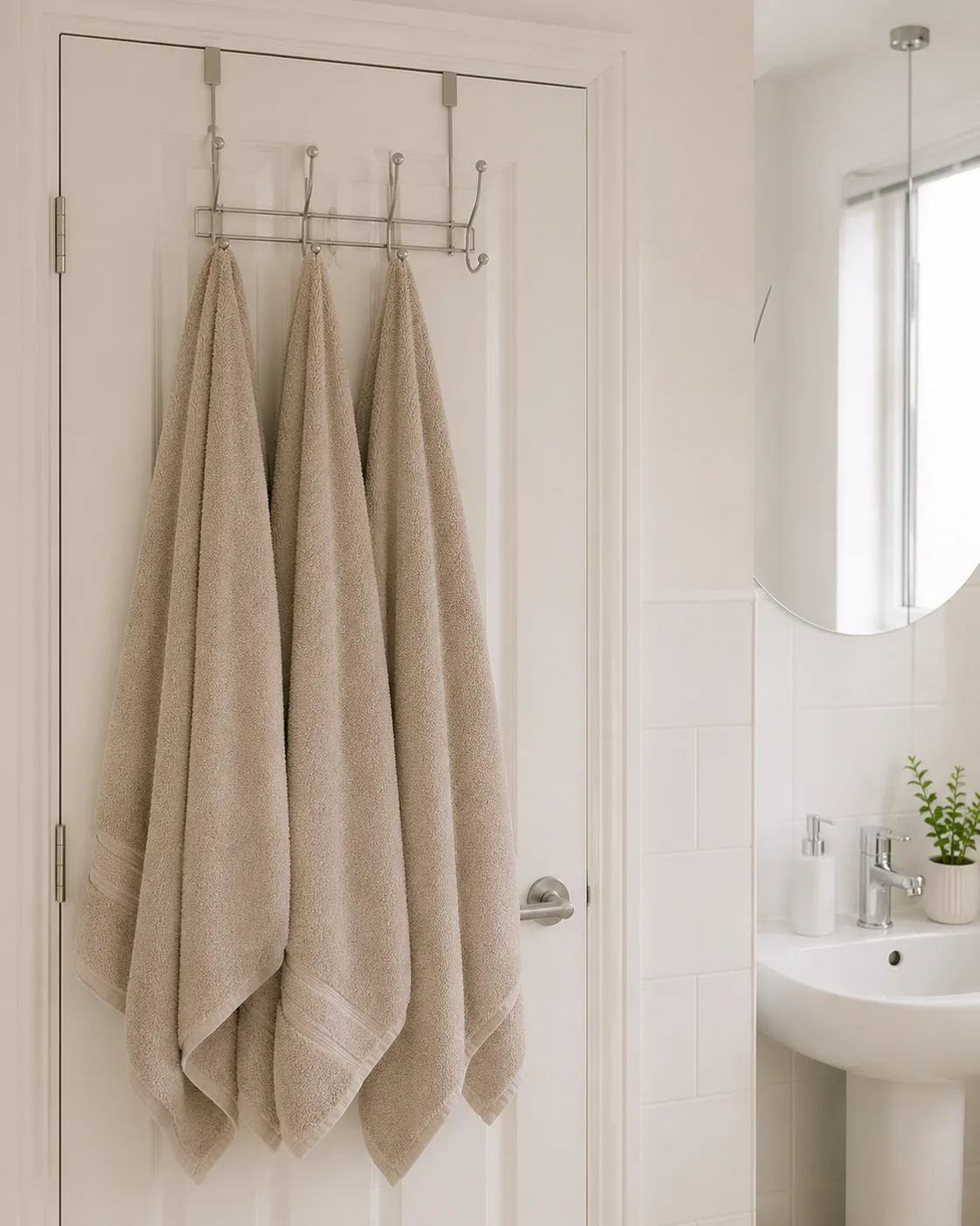 Over-door hook organiser with towels hanging on bathroom door