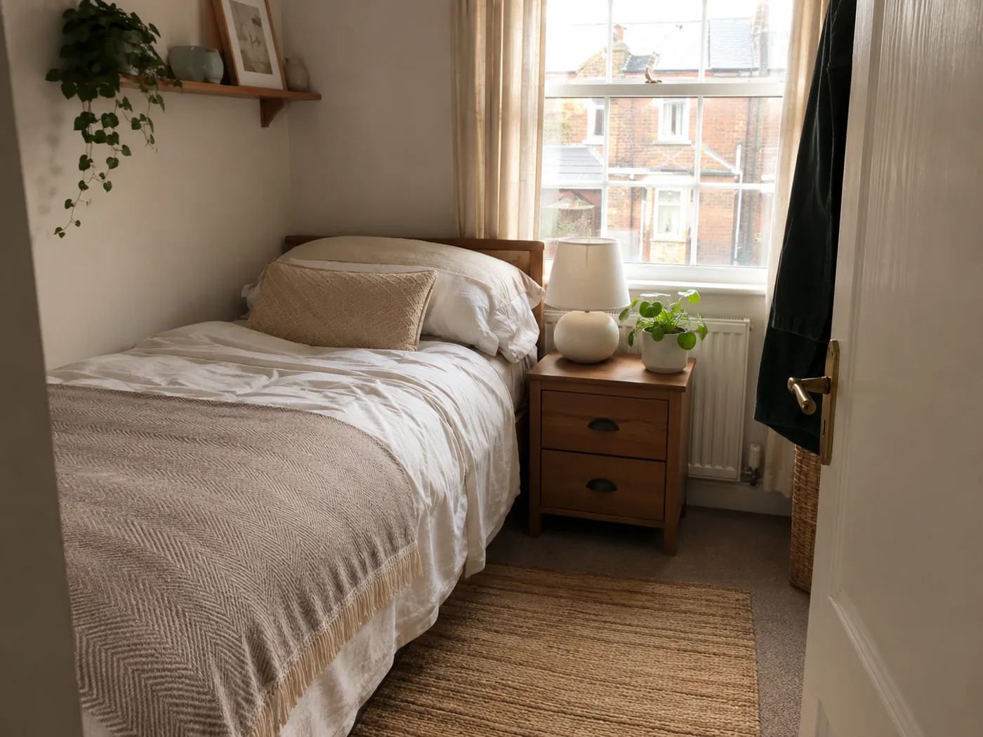 Freestanding bedside table with ceramic lamp and plant