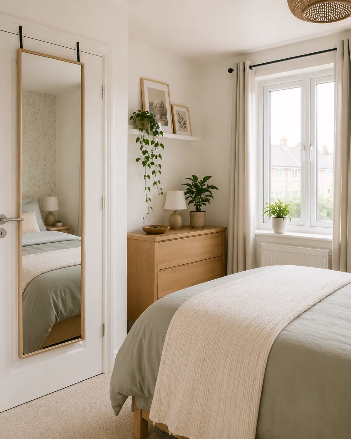 Over-door full length mirror on white bedroom door