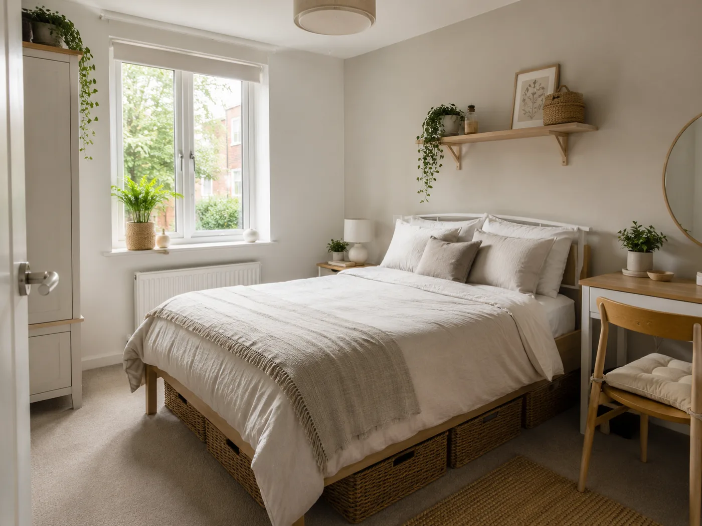 Neutral small bedroom with natural light and simple furniture