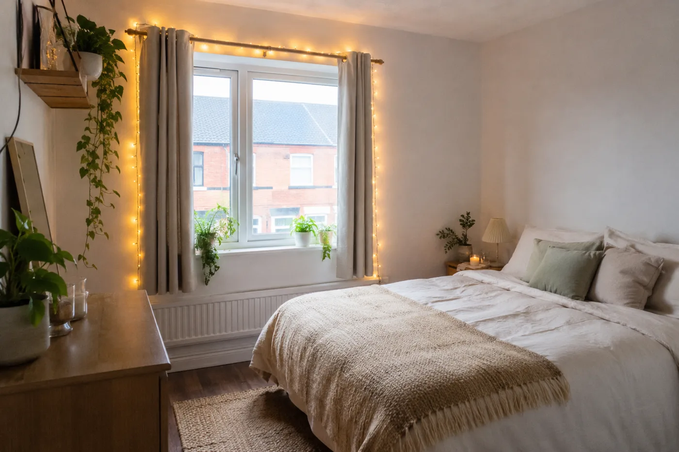 Fairy lights around bedroom window frame with plants and warm glow
