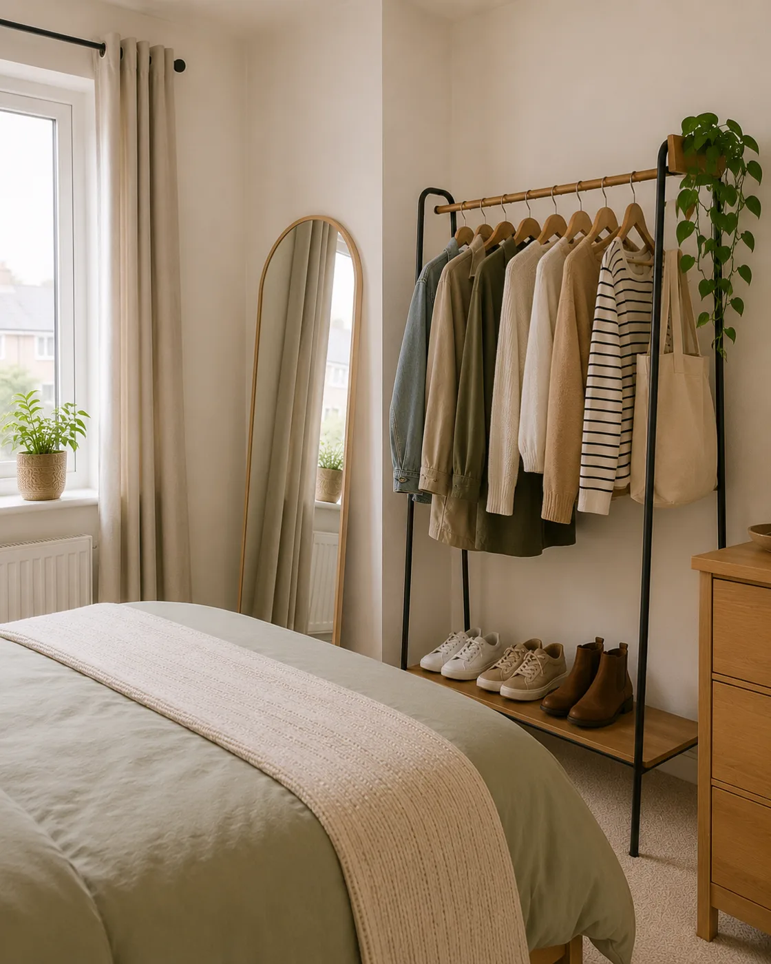 Freestanding clothes rail with mirror and organised clothes in bedroom