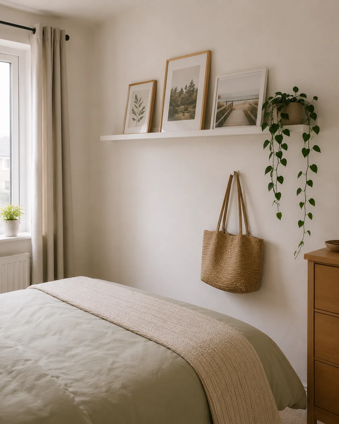 Adhesive picture ledge with framed prints and trailing plant on wall
