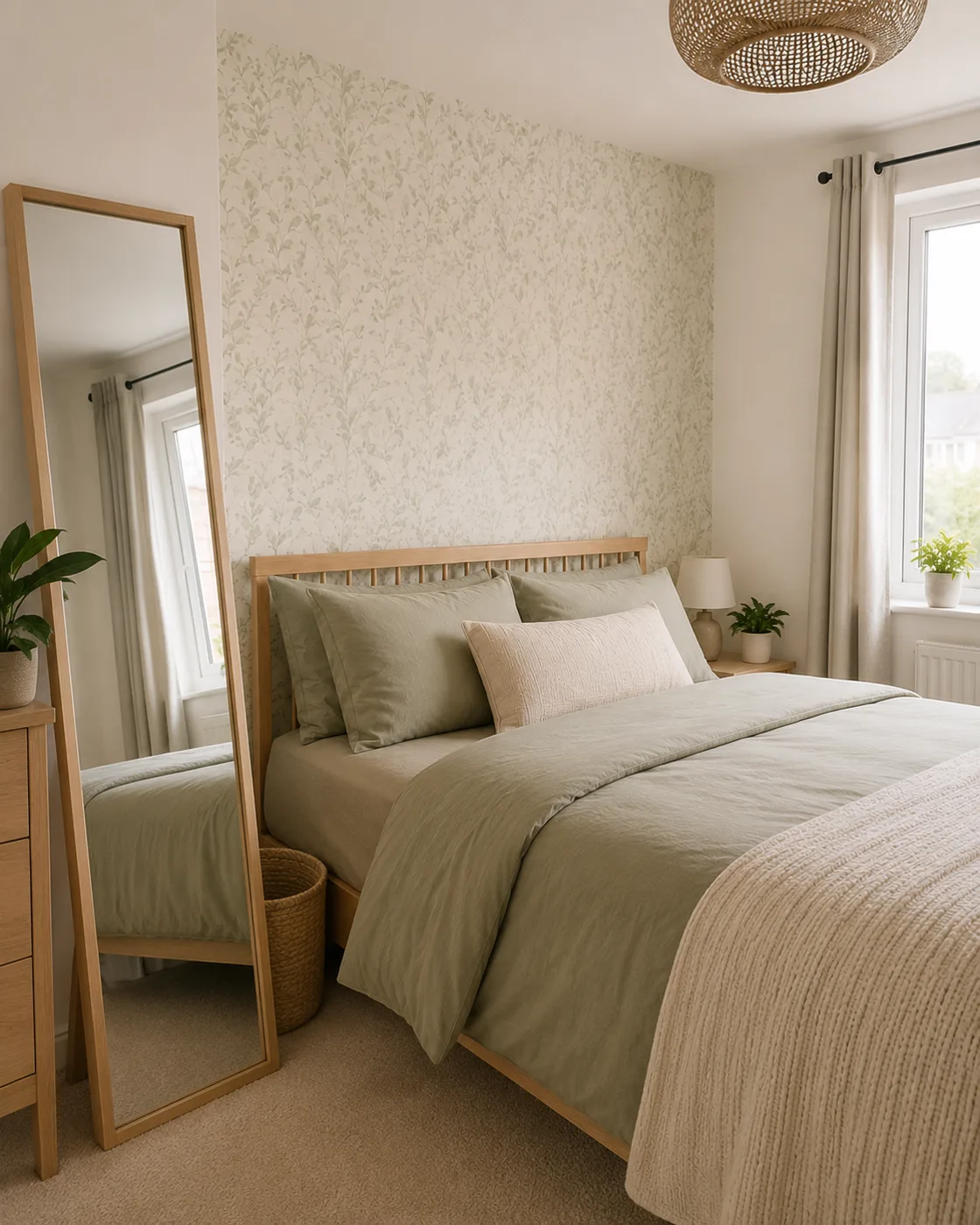 Leaning mirror beside bed in small bedroom